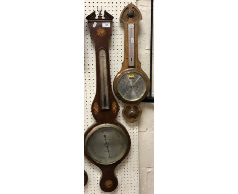 A 19th Century mahogany and inlaid banjo barometer thermometer, the case with broken arch pediment and shell marquetry inlaid