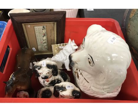 A collection of items comprising a Stevengraph "Lady Godiva procession", a pair of German bisque samoyed dog figures, a pair 
