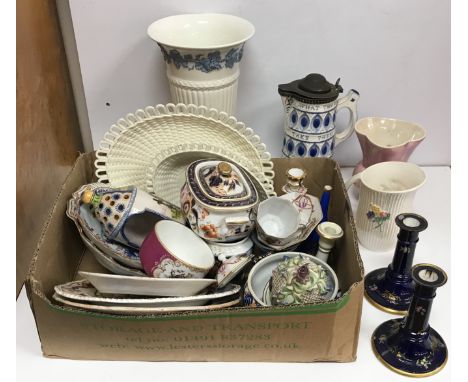 A collection of various English and Continental pottery and porcelain including a Wedgwood & Barlaston of Etruria embossed Qu