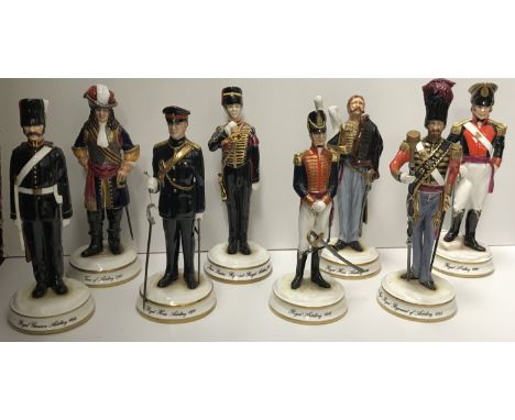 A collection of eight Michael Sutty porcelain figures of "Gunners Through the Ages" including "Train of Artillery 1700", "Roy