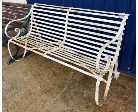 A Victorian wrought iron white painted slatted garden bench seat on scroll end supports, 153.5 cm wide x 66 cm deep x 86 cm h