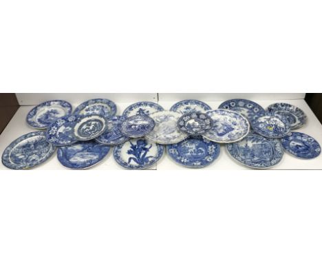 A collection of various blue and white transfer decorated plates including a J & W Ridgeway rural scenery soup plate decorate