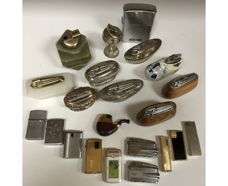 A box containing various desk and pocket lighters including various Ronson plated table lighters and wooden table lighters, a