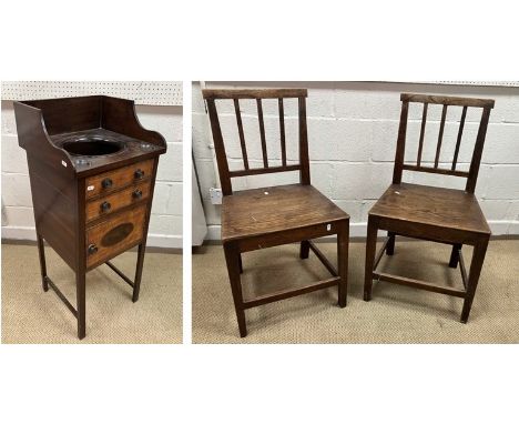 A 20th Century oak box seat stool with carved decoration in the 17th Century manner, an Edwardian mahogany serpentine fronted