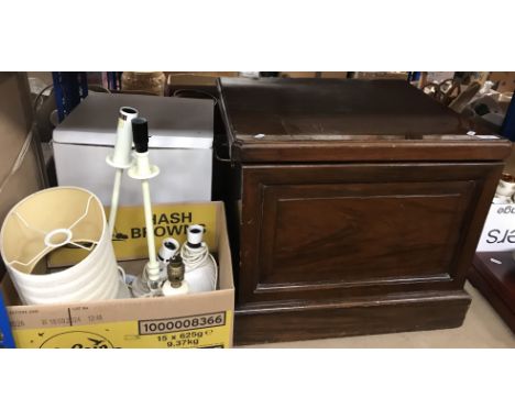 A 19th Century mahogany box commode together with a box containing assorted table lamps and shades and a boxed cream electrol