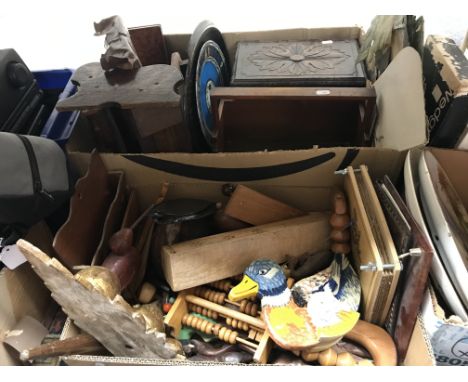 Two boxes of assorted treen and other wooden items to include a mahogany book trough, small carved oak stool, various letter 