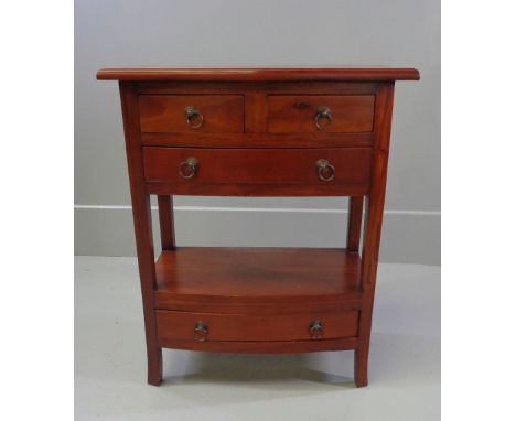 REPRODUCTION HALL TABLE - bow fronted, with base drawer and shelf having two short and one long drawer, 80cms H, 67cms W, 40c