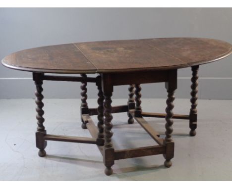 SUBSTANTIAL GATE LEG TABLE - period oak with barley twist supports, 74cms H, 167cms W (extended), 105cms D