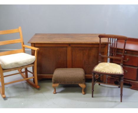 VINTAGE FURNITURE PARCEL - polished blanket chest with plain panels 66cms H, 118cms W, 56cms D, modern pine rocking chair, sa