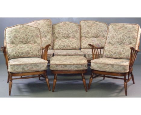 ERCOL MEDIUM THREE PIECE SUITE &amp; FOOTSTOOL - spindlebacked, 1metre H (with cushions), 80cms D (the sofa), 182cms W