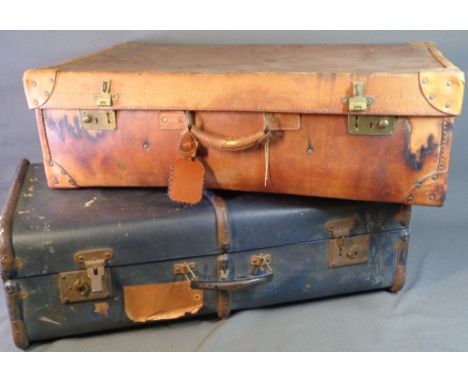 VINTAGE LEATHER SUITCASE and a metal banded trunk