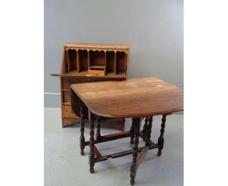 POLISHED BUREAU with three drawers and brass swan neck handles, 100cms H, 76cms W, 40cms D and a polished barley twist gate l