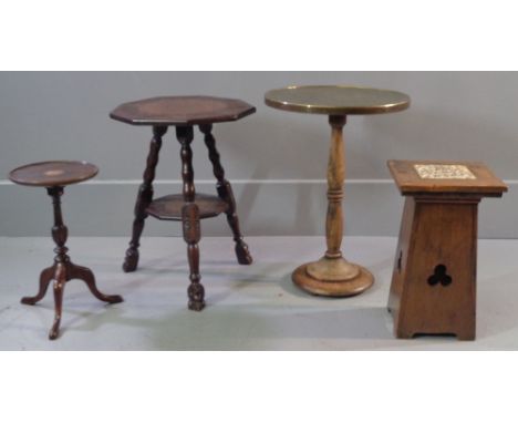 OCCASIONAL TABLES - interesting nine sided two tier lamp table carved and with hoof style feet, 59cms H, 44cms diameter, bras