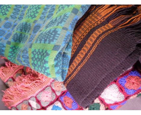 TRADITIONAL WELSH WOOLLEN BLANKET with tasselled ends, in greens and blues, 222cms x 156cms and a traditional woollen patchwo