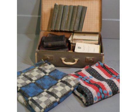 OLD SUITCASE with vintage book contents, Fidelity cased turntable and a quantity of blankets