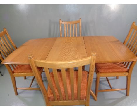 ERCOL DINING TABLE &amp; FOUR CHAIRS - light wood, extender with flip-out central leaf, 75cms H, 150cms W (extended), 90cms D