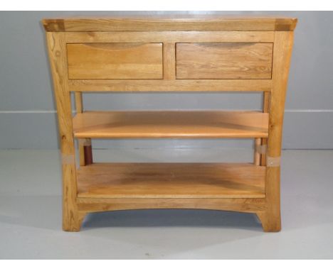 MODERN CONSOLE/HALL TABLE - light oak with two drawers and lower shelf, 79cms H, 85cms W, 35cms D