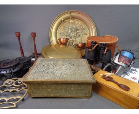 VINTAGE BOXED APOTHECARY SCALES, brass jewellery box, vintage cased field glasses, brass charger and warming pan, fishing ree