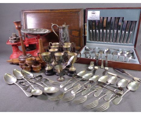 VINERS DUBERRY CLASSIC NEAR COMPLETE CANTEEN within a wooden box, old oak tray, trophy, scales, quantity of loose cutlery