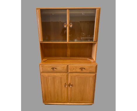 ERCOL SIDEBOARD - modern light wood with upper glazed door section above two drawers and two cupboards, 186cms H, 105cms W, 4