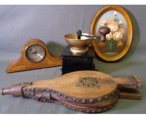 VINTAGE METAL BASED COFFEE GRINDER, bellows, decorative mantel clock and an oval print