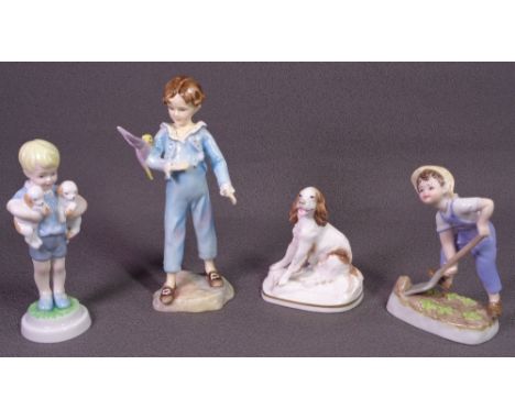 ROYAL WORCESTER FIGURE 'Parakeet' 3087, Royal Worcester springer spaniel and two 'Days of the Week' figures - 'Monday Boy' an