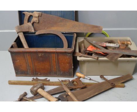 OLD TIN TRUNK with quantity of vintage tools and a plastic tub of similar