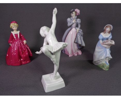 COALPORT FIGURINE 'Jennifer Jane' and three Royal Worcester figurines 'Grandmother's Dress', 'The Ballerina' and 'Masquerade'