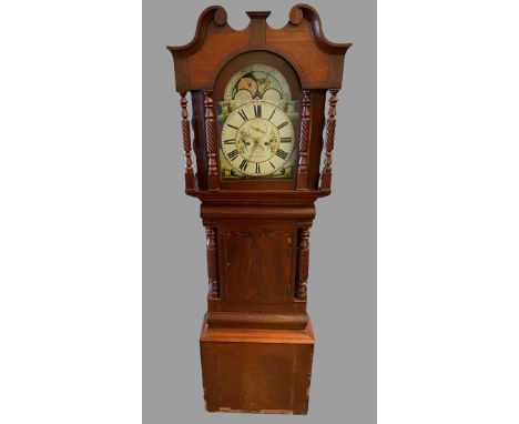 LONGCASE CLOCK - J Griffith, Caernarvon, eight day movement with arched moon painted face, 120cms H, 70cms W, 24cms D