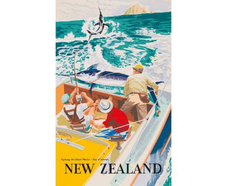  PKA NEW ZEALAND, FIGHTING THE BLACK MARLIN, BAY OF ISLANDS silkscreen poster, c.1960, condition A; not backed 39 x 24.5in. (