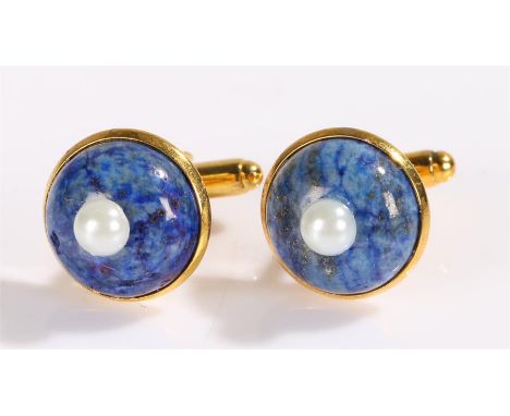 Pair of lapis lazuli and pearl cufflinks, cabochon cut lapis with pearl to the top