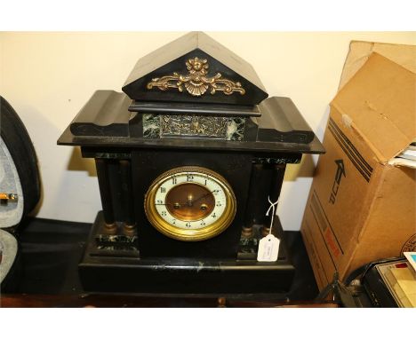 Edwardian slate and marble mantel clock, of architectural form