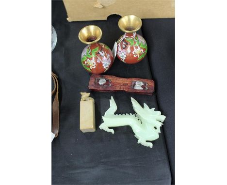Pair of cloisonné vases, together with a jade type lion and a seal, (4)