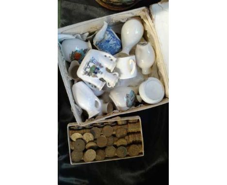 Collection of crested china, together with a porcelain miniature dolls tea service, also include a collection of three pence 