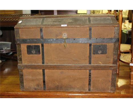 Dome top trunk, with canvas, iron and wood banded exterior, single Georgian dining chair (af), (2)