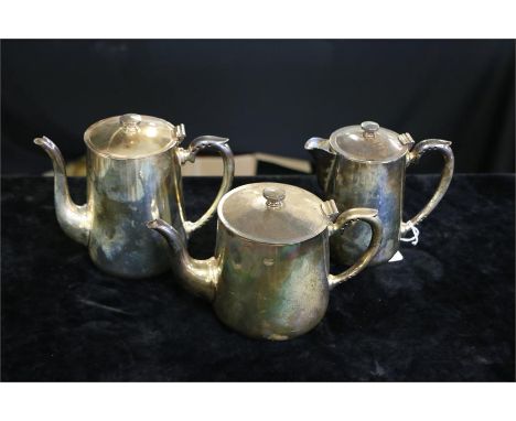 Silver plated wares, to include a three piece tea service and a cruet set, (5)