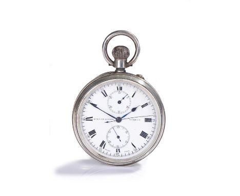 Silver open face chronograph pocket watch, the signed Winsor Bishop Norwich dial with Roman hours and subsidiary dials, the c