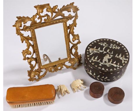 Works of Art, to include a gilt metal frame, a Chinese mother of pearl inlaid box, another box a brush set, etc (qty)