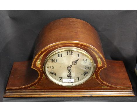Edwardian mahogany mantel clock, with marquetry and mother-of-pearl inlay.
