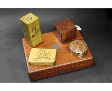 Mixed lot consisting of a mahogany jewellery box, another wooden decorative box, a decorative jar, a vintage Sanatogen tin, a