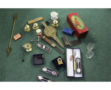 Mixed lot to include a bread fork. drawing tools,Noddy eggcup, bellows hatpins etc. (qty)