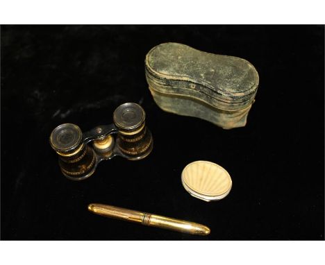 Pair of cased Opera glasses, miniature purse in the form of a shell,vintage fountain pen (3)