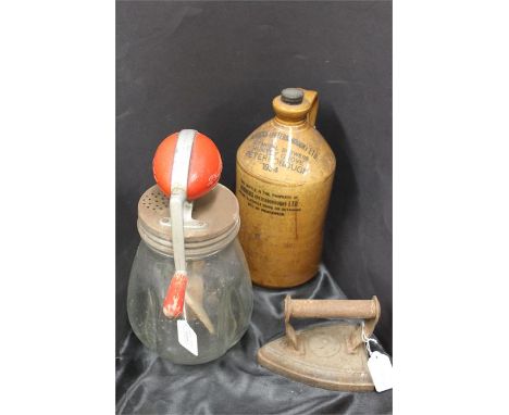 Vintage butter churn, together with a flat iron and a stoneware jug marked to Adcocks, Peterborough Ltd, (3)