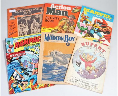 Small selection of vintage comics and periodicals including, The Action Man Activity Book, unused, The Rupert Bear Adventure 