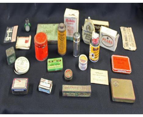 Collection of vintage chemist and kitchen product containers, Germolene Baby Powder, Beechams Pills, Robin Starch, Burgesse's