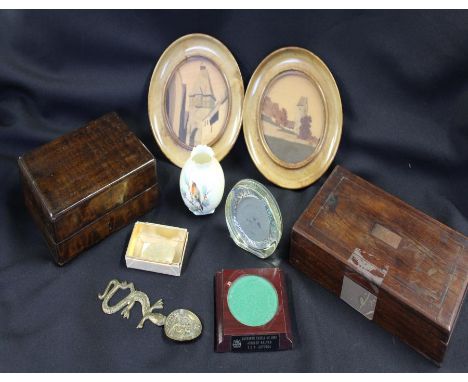 Works of Art, to include a jade effect plaque, a brass spoon, a rosewood box, another box, pictures and a Worcester vase, (qt