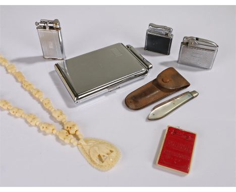 Silver bladed fruit knife, with mother of pearl handle, together with a lighter case and necklace