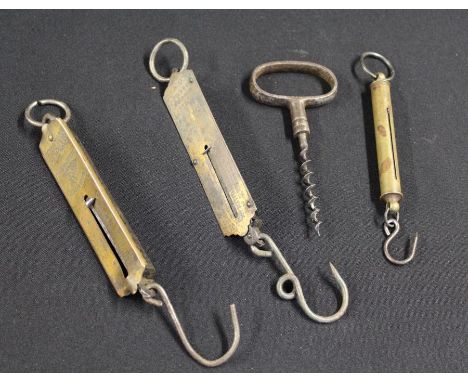 A vintage set of BS &W Co brass hanging scales, together with two other sets of hanging scales and a vintage corkscrew, (4)