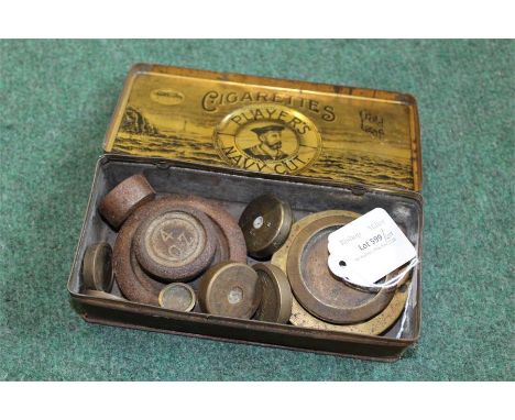 Tin containing a quantity of vintage scale weights, (Qty)