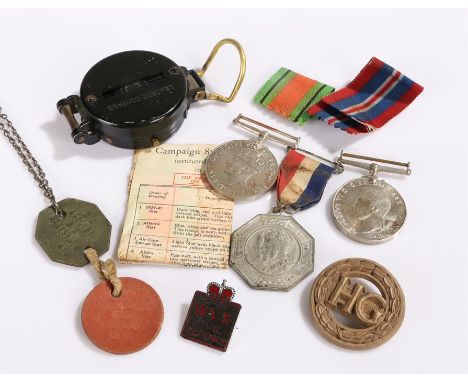 World War II medals, together with dog tags and a compass, (qty)